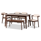Baxton Studio Althea Mid-Century Modern Transitional Cream Fabric and Dark Brown Finished Wood 6-Piece Dining Set